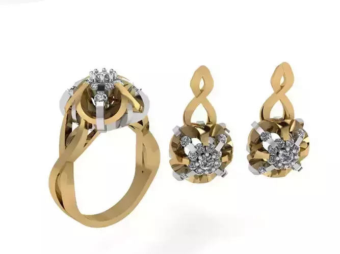 Flower Twisted Earring Ring Set 2438