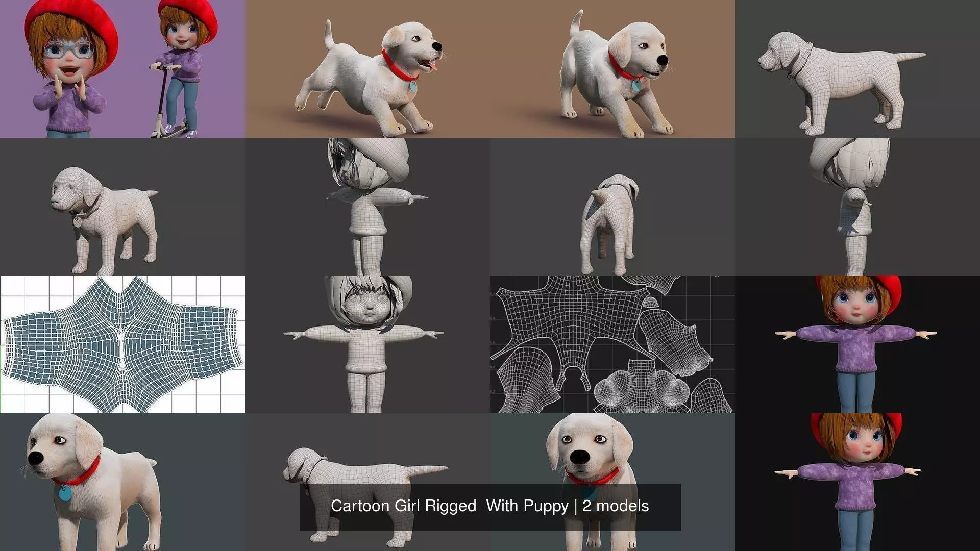 Cartoon Girl Rigged  With Puppy 3D Model Collection_3