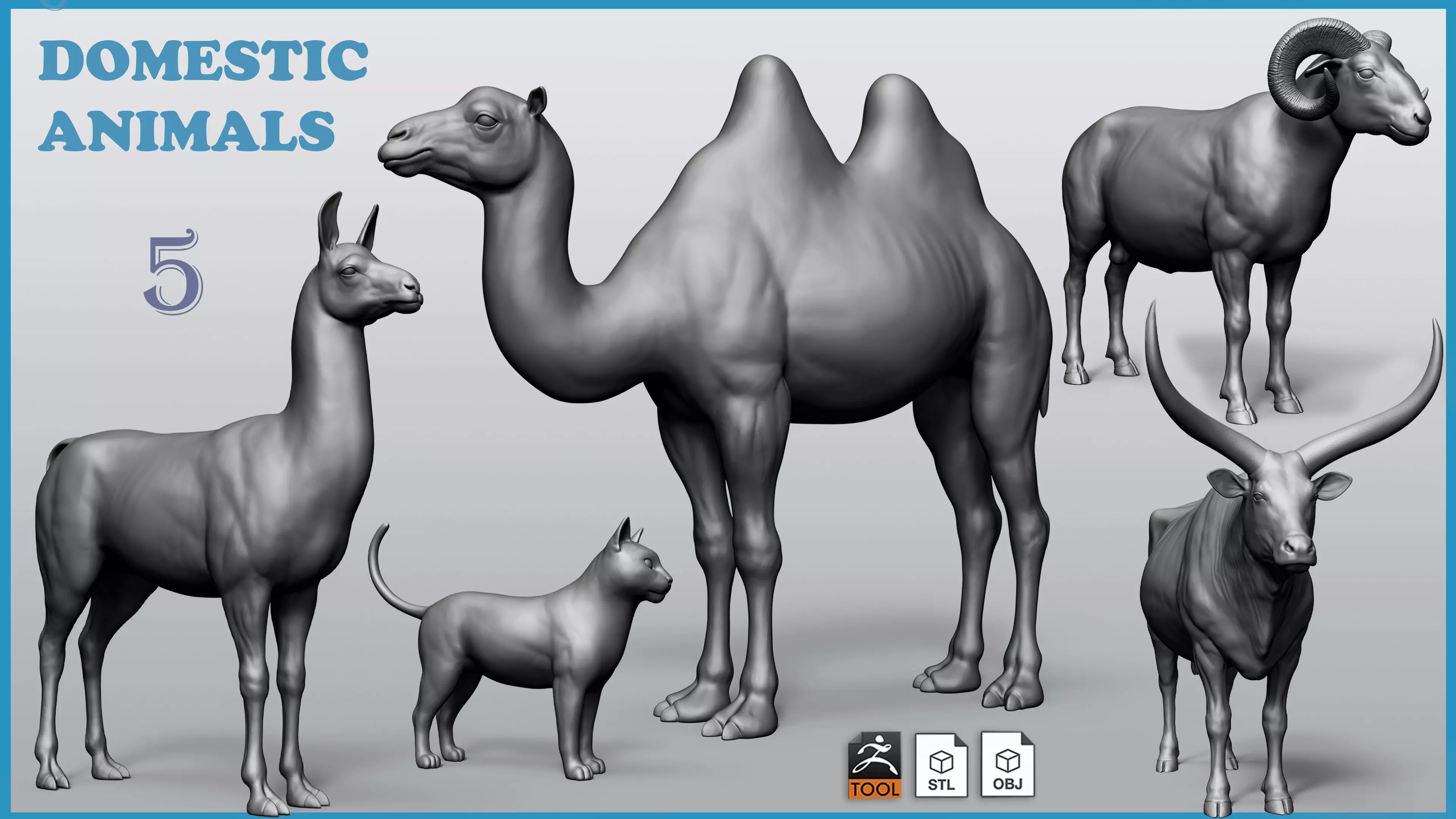 Domestic animal collection 5 animals 3D model_0