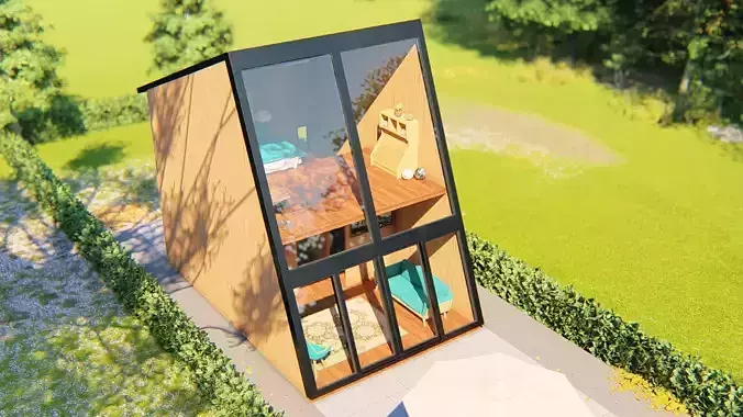 Casa Compacta Moderna Modelo 3D Minimalista com Fachada de Vidro 3D model
