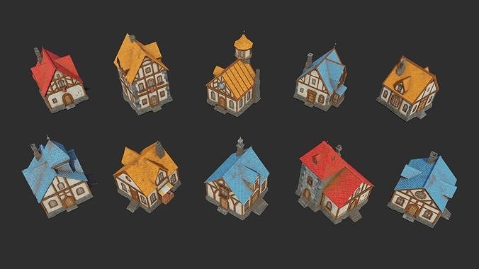 Collection 10 Medieval House Low-poly Low-poly 3D model 2