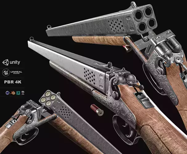 Quadruple Barrel Shotgun Rifle Low-poly 3D model