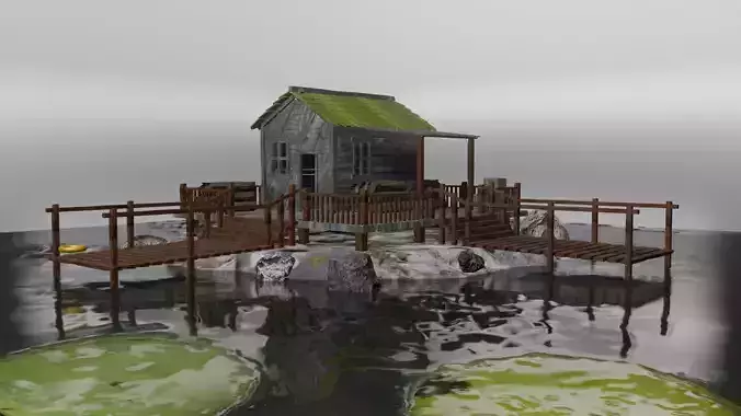 Isometric House Island Coniferous cottage Low-poly