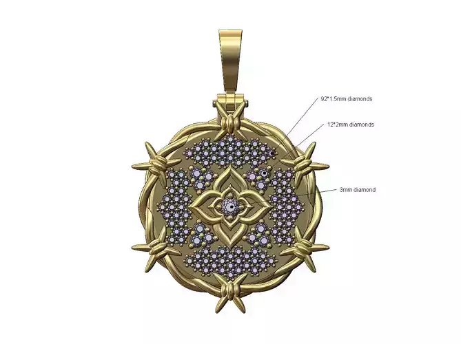 Barbwire thornes Iced diamond oriental flower pendant 3D print model