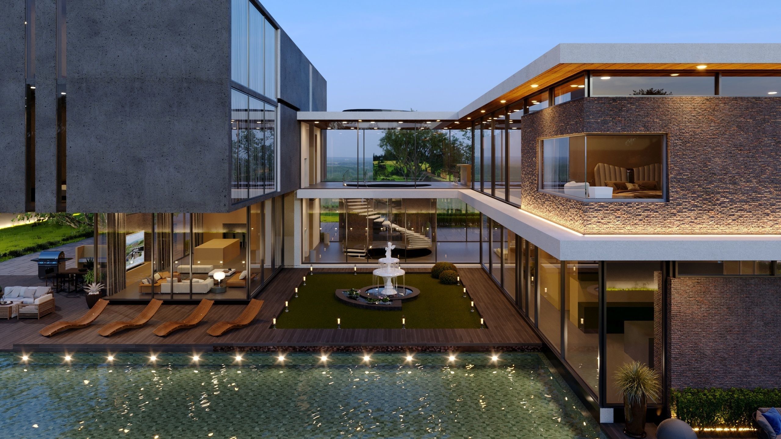 Modern Mies van der Rohe style hill house nice villa underground 3D model_7