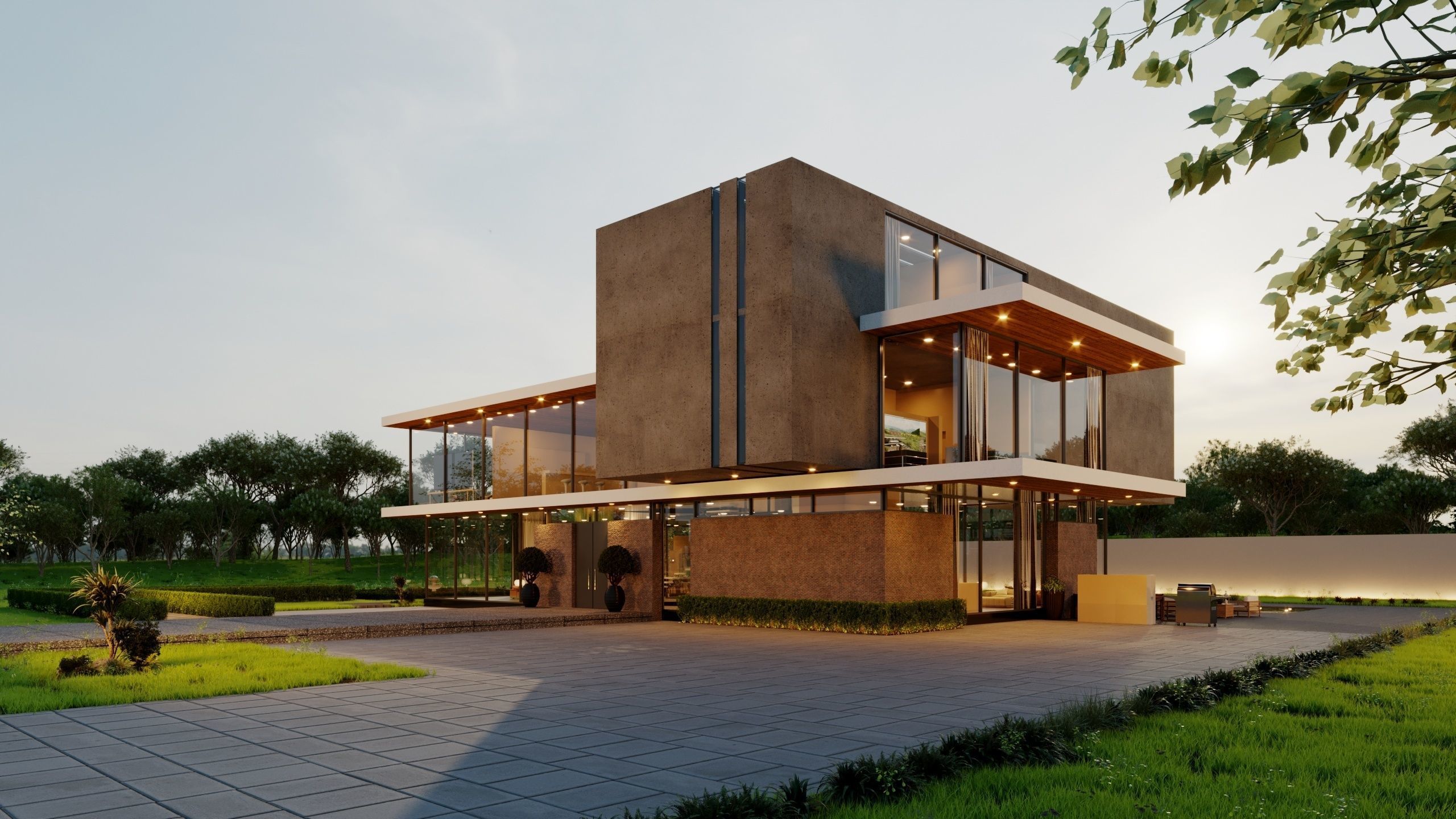 Modern Mies van der Rohe style hill house nice villa underground 3D model_3