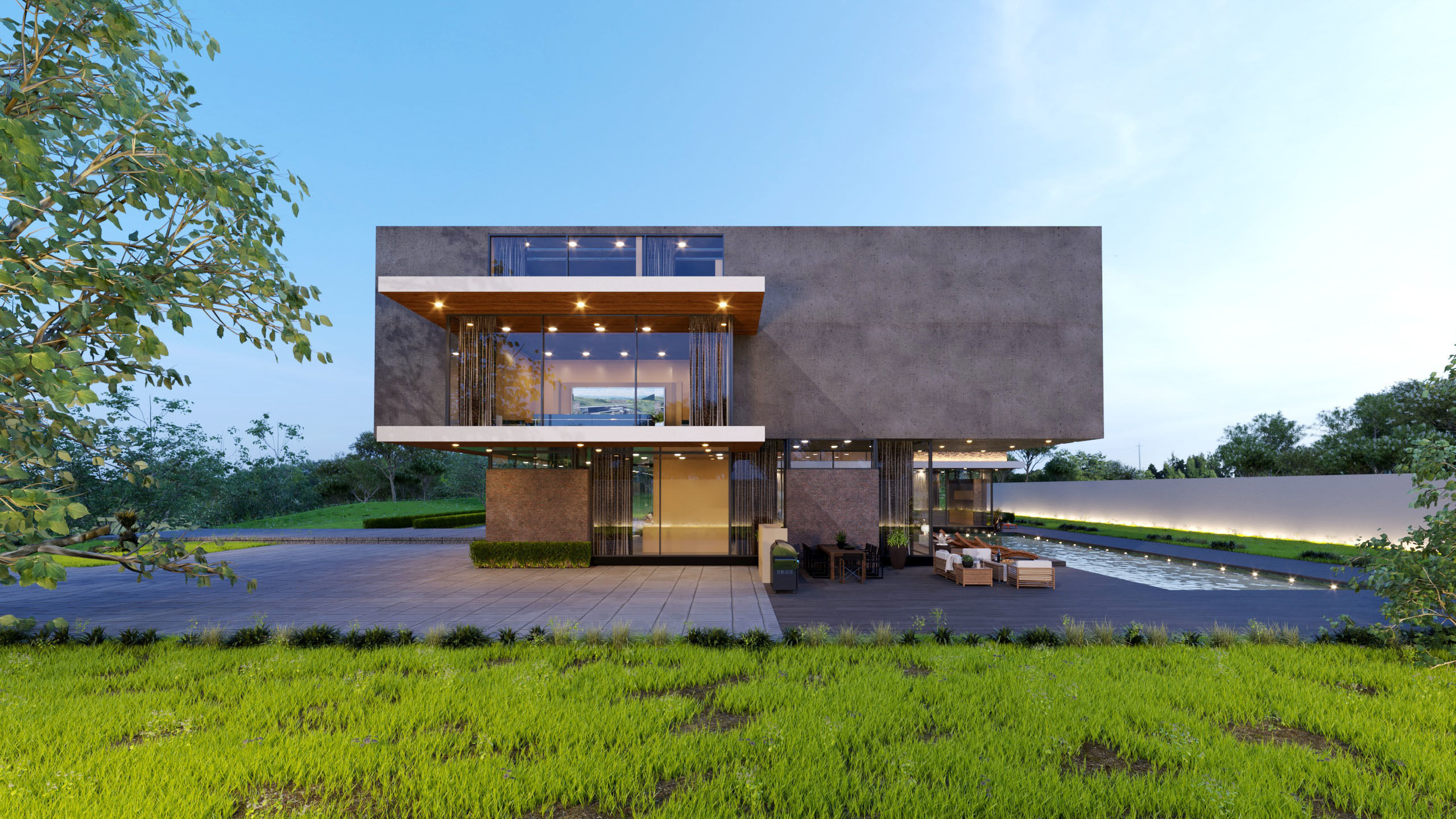 Modern Mies van der Rohe style hill house nice villa underground 3D model_6