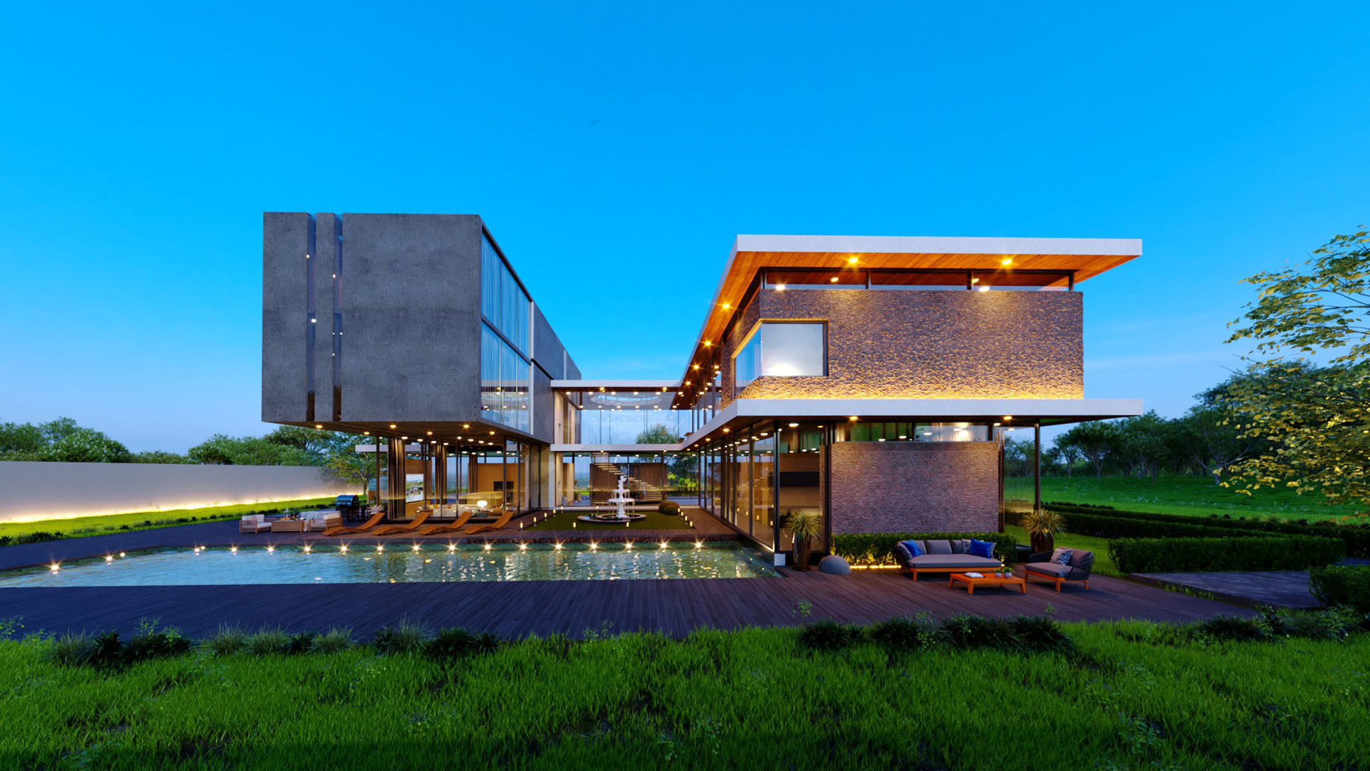 Modern Mies van der Rohe style hill house nice villa underground 3D model_4