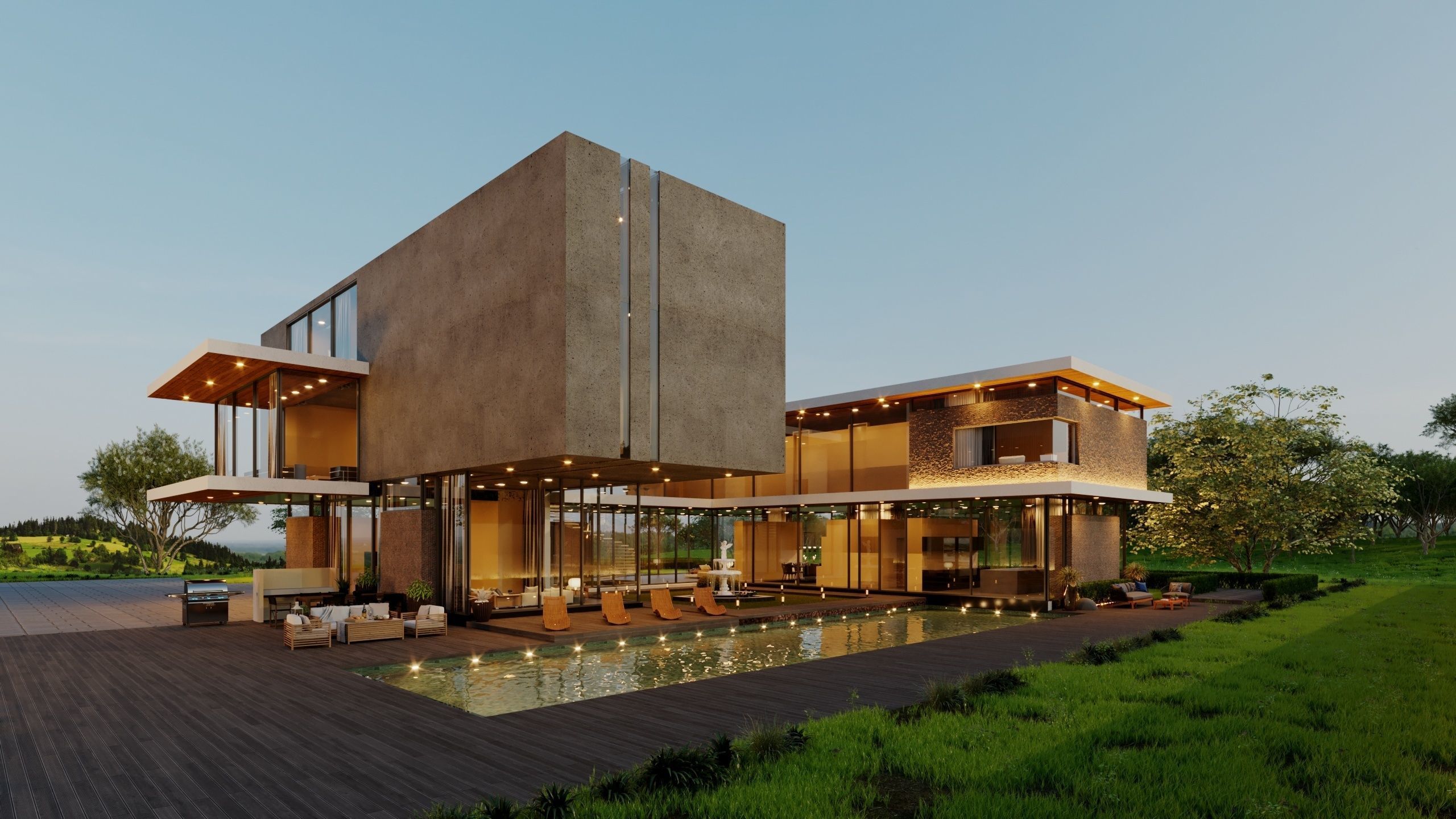 Modern Mies van der Rohe style hill house nice villa underground 3D model_1