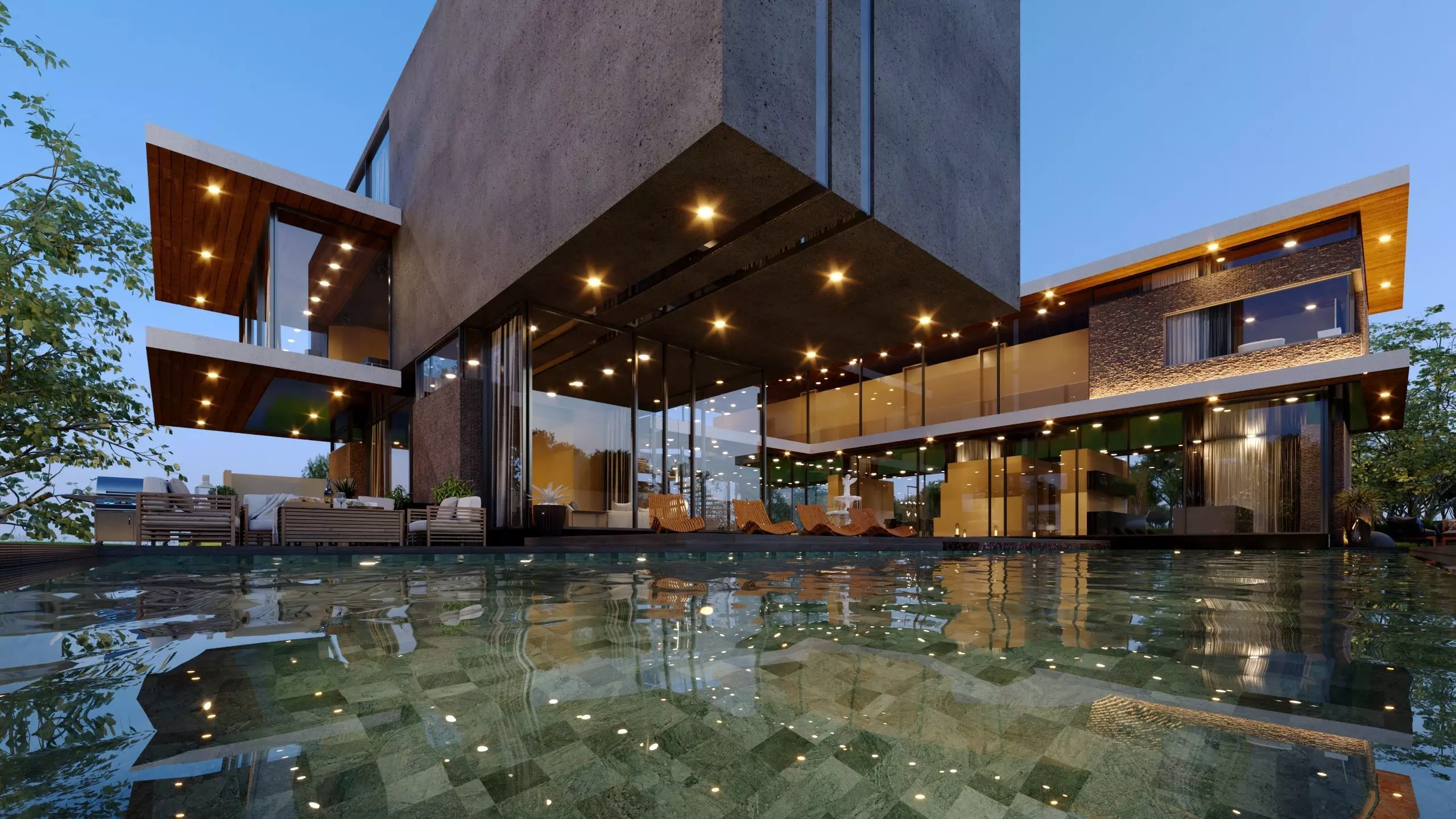 Modern Mies van der Rohe style hill house nice villa underground 3D model_0