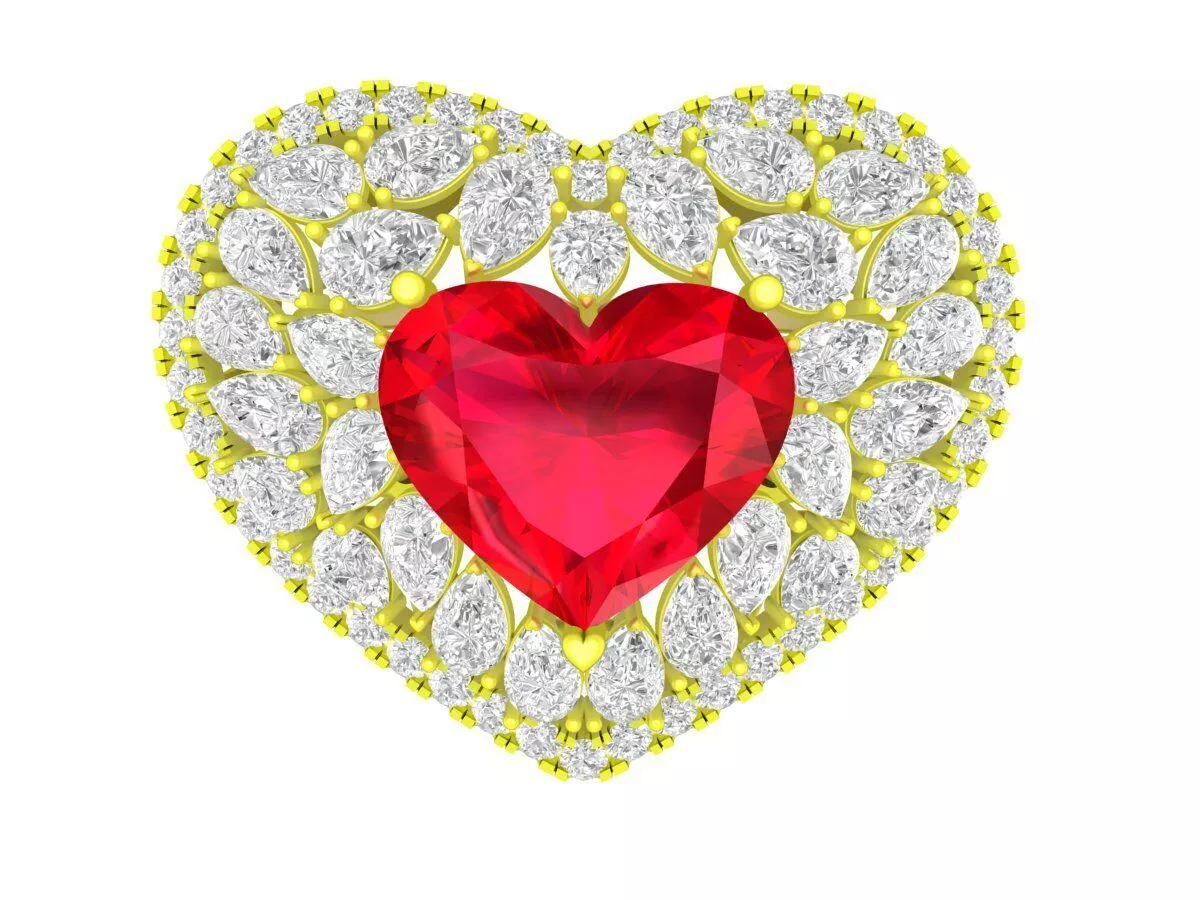 7415 Luxury Heart Shape Diamond Ring with Red Center Stone 3D print model