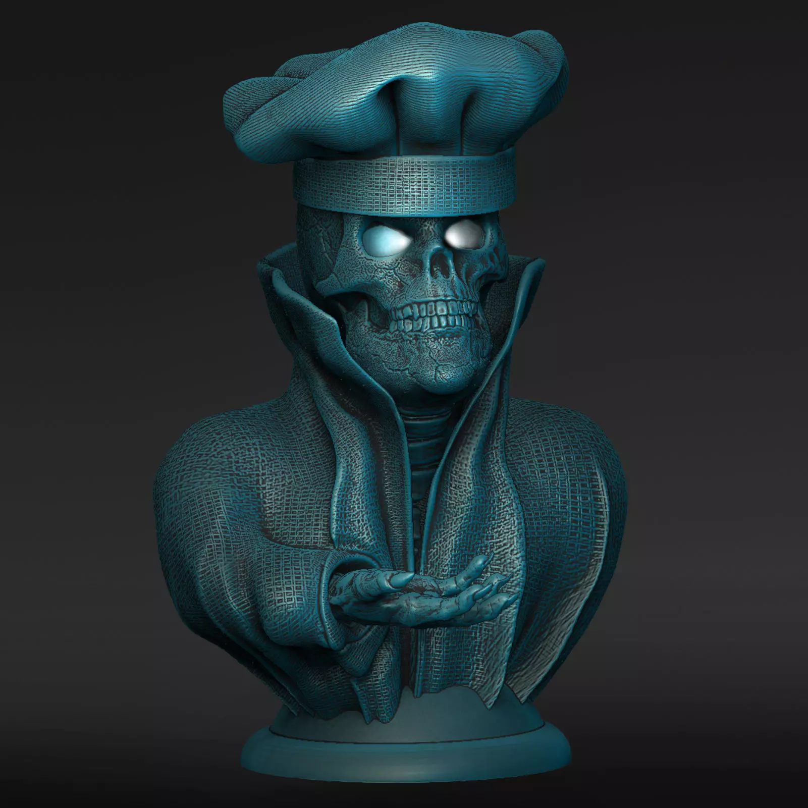 Skull with chefs hat with open eyes 3D print model_0
