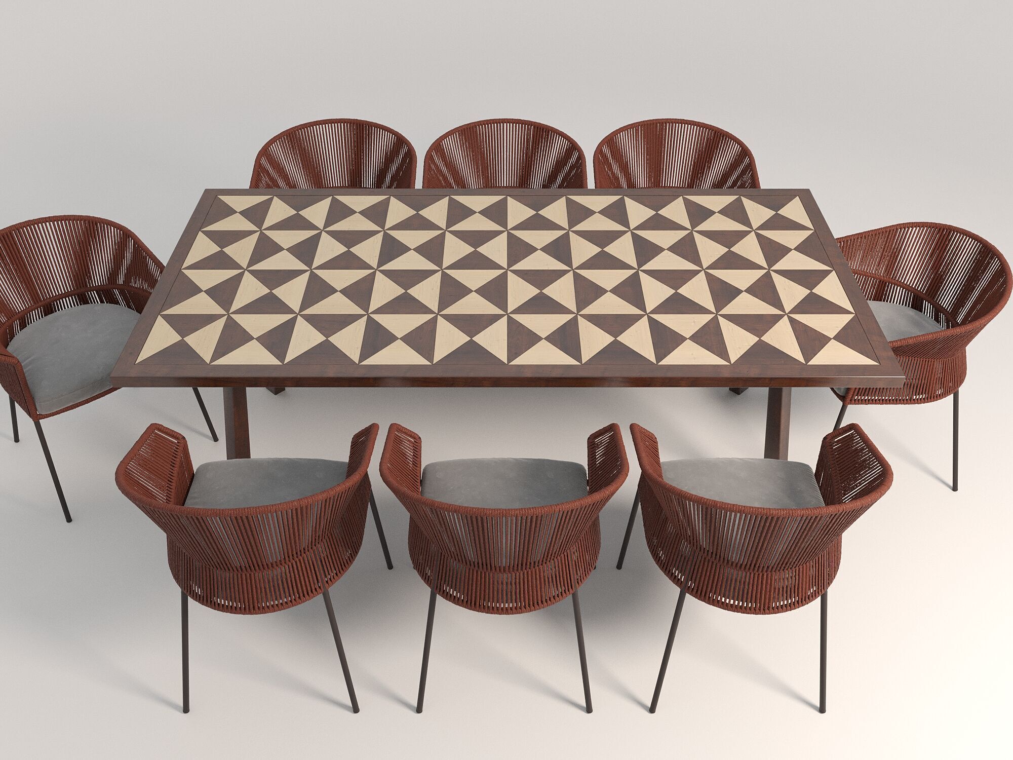 Wood Mosaic Dining Table and Chairs 3D model_2