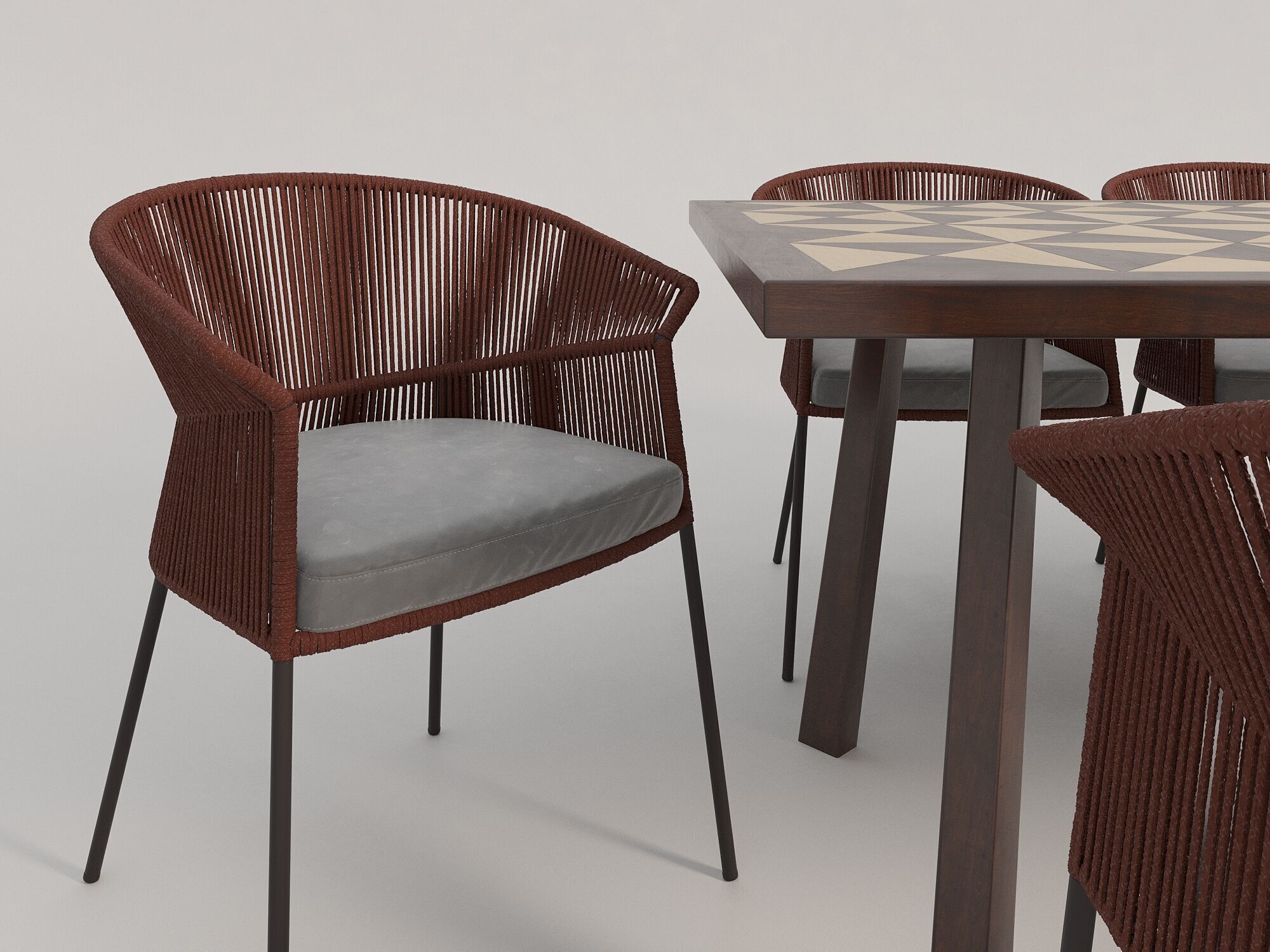 Wood Mosaic Dining Table and Chairs 3D model_3