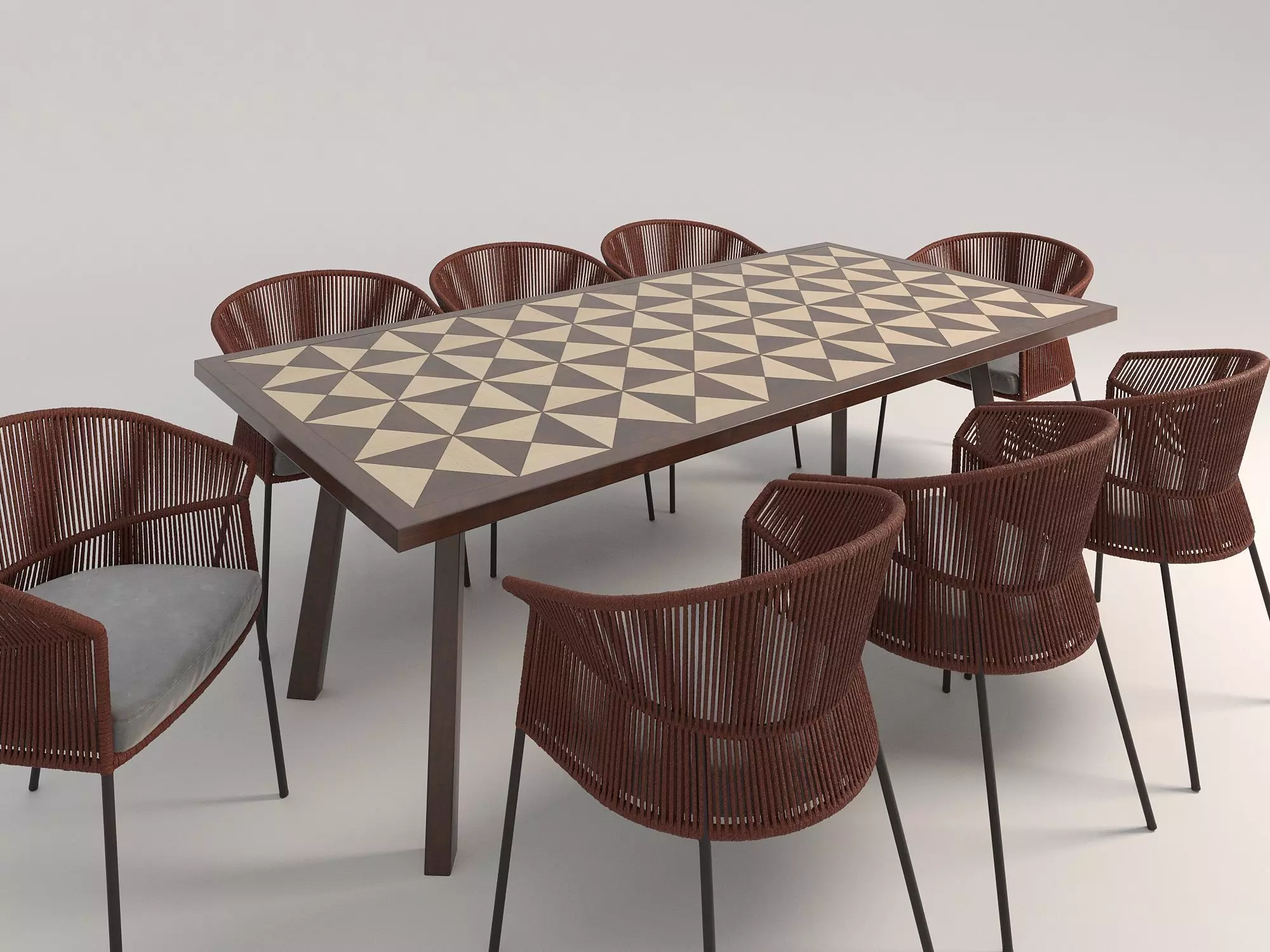 Wood Mosaic Dining Table and Chairs 3D model_0