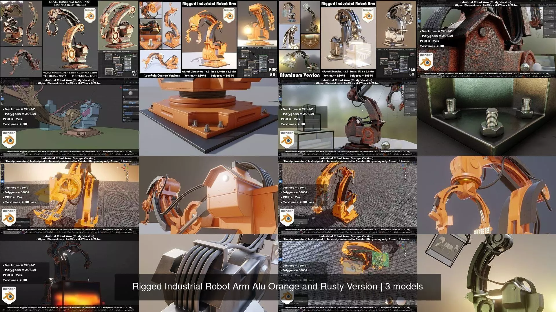 Rigged Industrial Robot Arm Alu Orange and Rusty Version 3D Model Collection_3