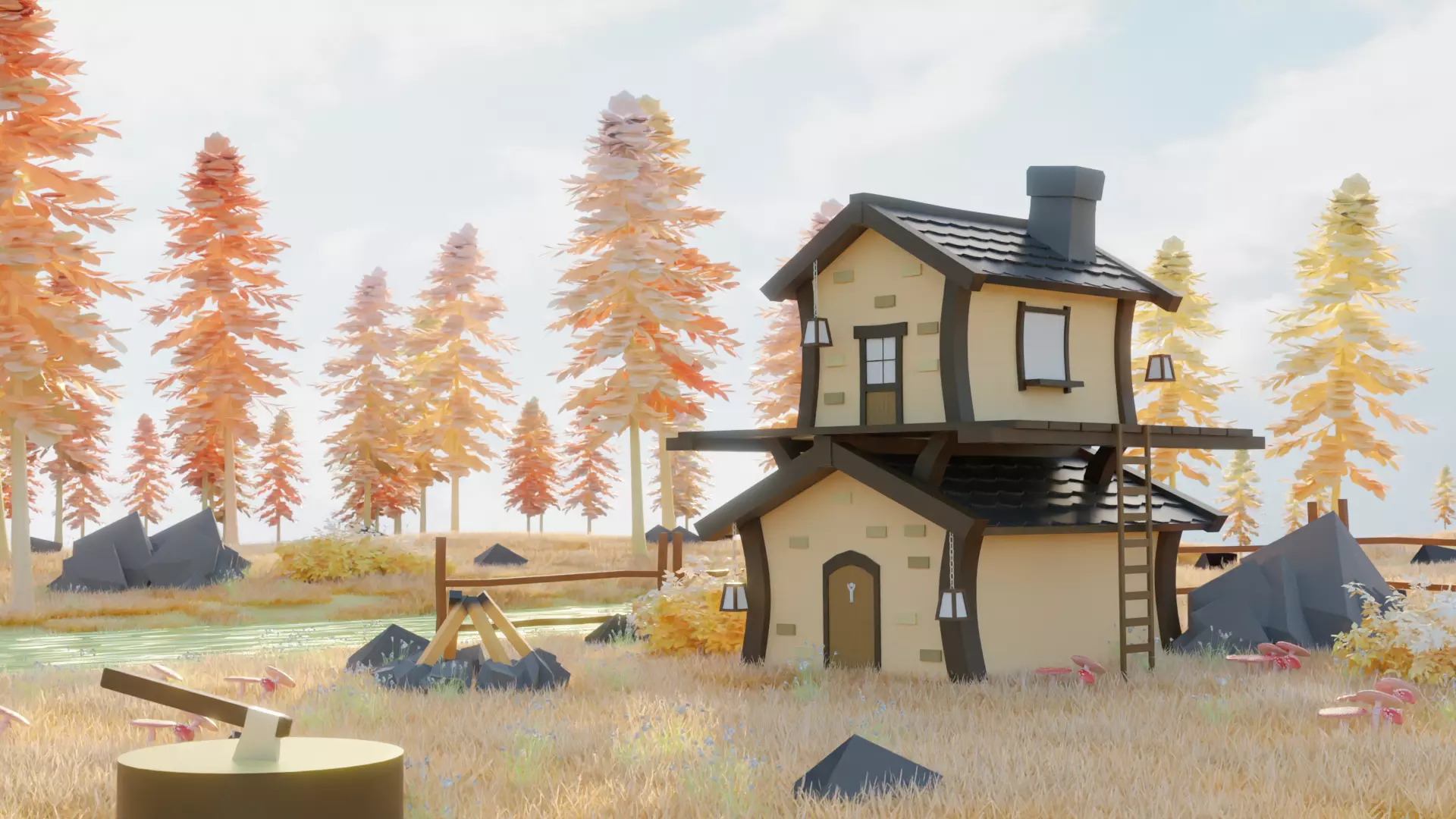 stylized house in forest Low-poly 3D model