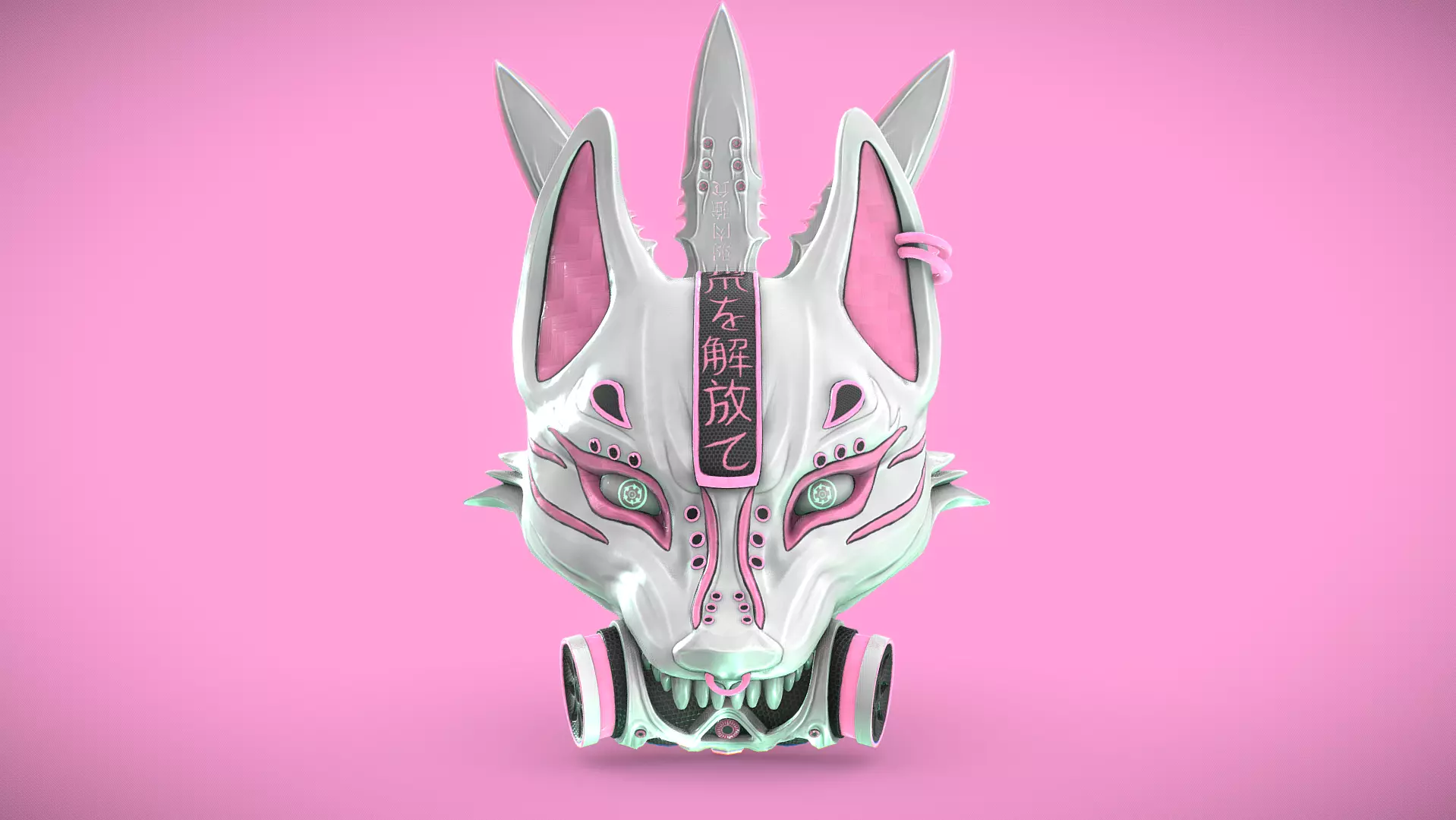 Cyberpunk Kitsune Mask and Kunai Low-poly 3D model_0
