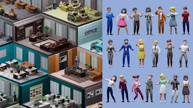 Cartoon office rooms  and Cartoon characters 3 02  3D Model Collection