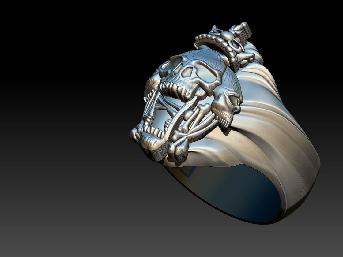 Three Skulls Biker Ring 3D print model_10