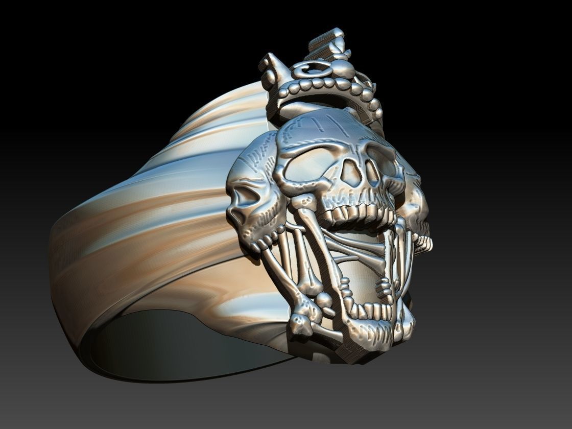 Three Skulls Biker Ring 3D print model_1