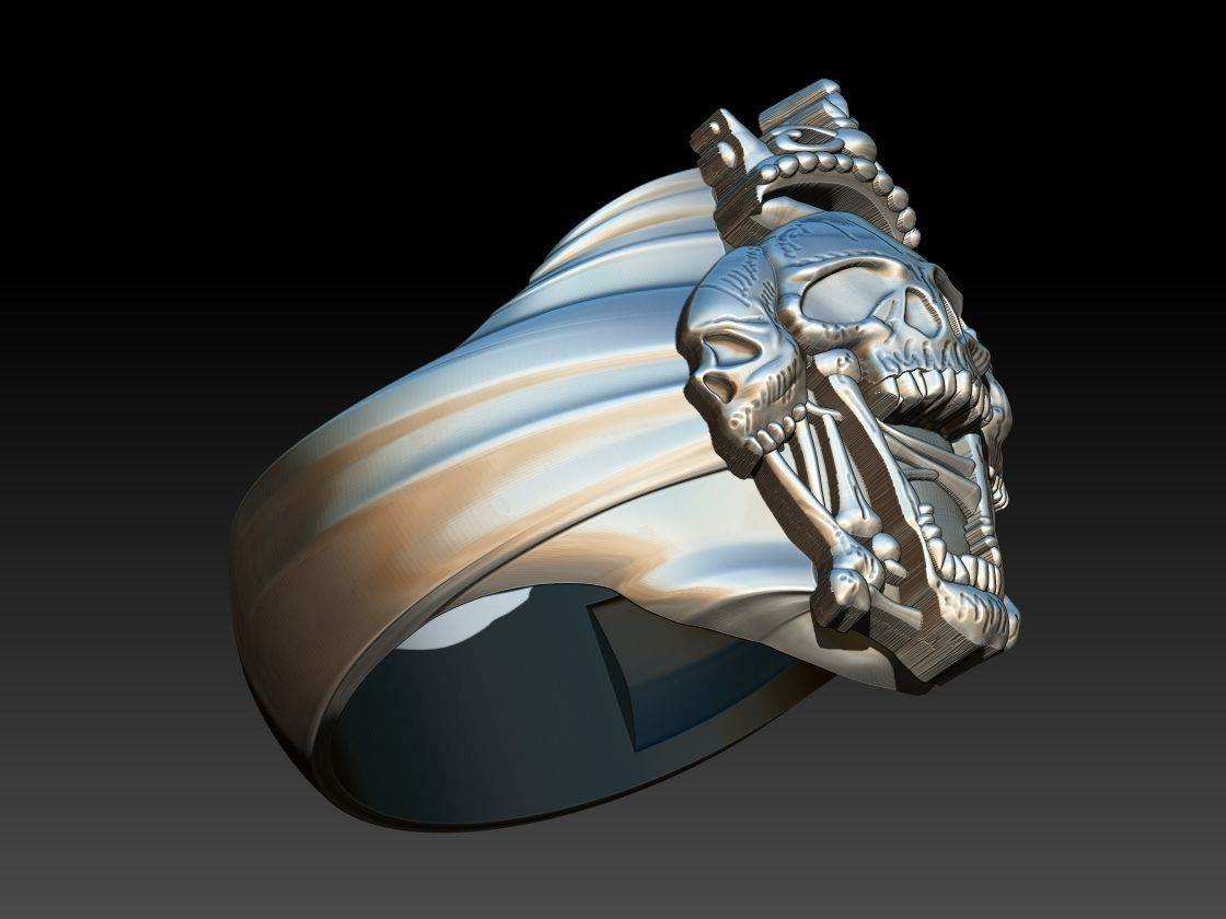 Three Skulls Biker Ring 3D print model_2