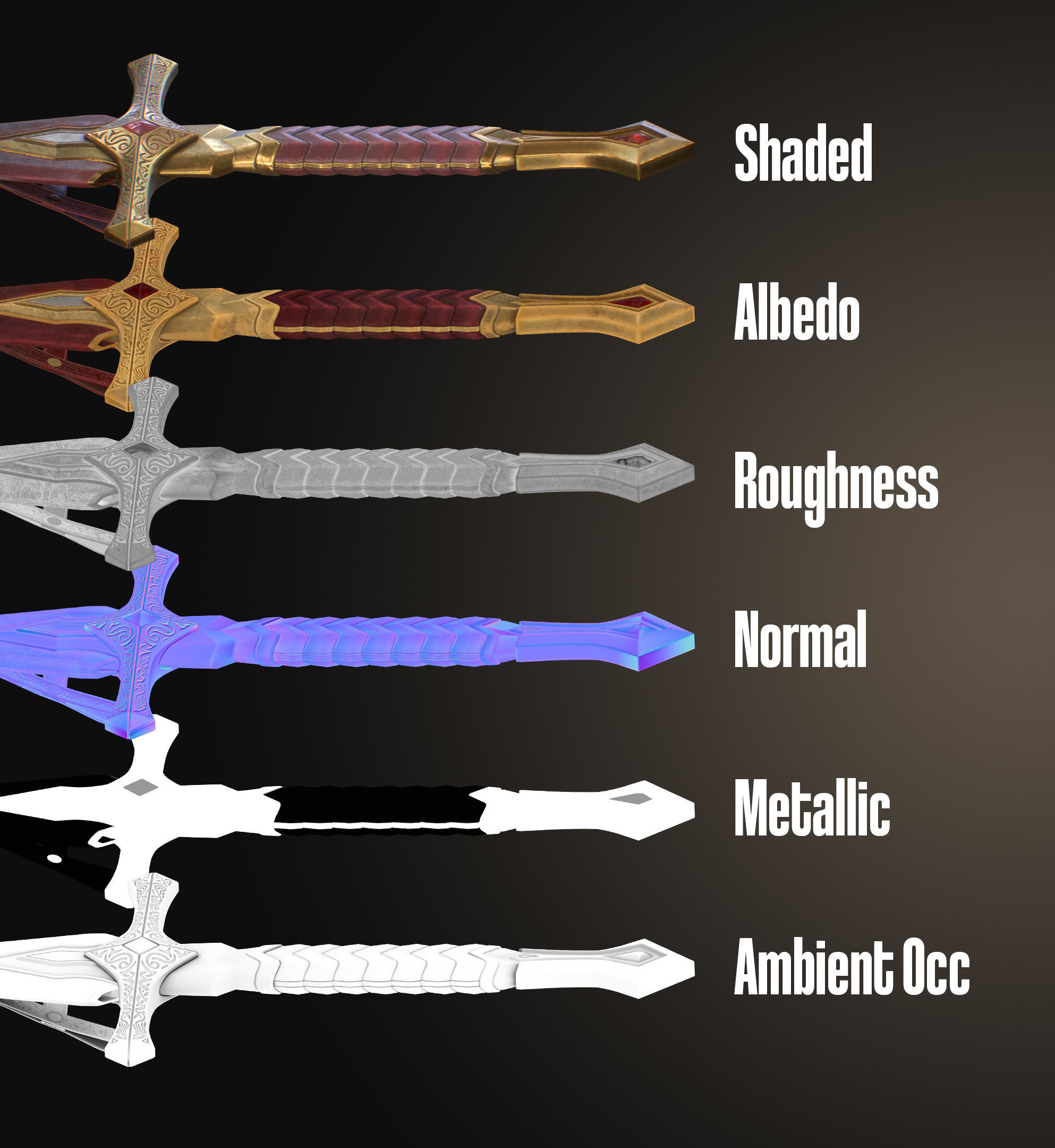 Royal Golden-Silver Sword PBR Game-Ready Low-poly 3D model_29