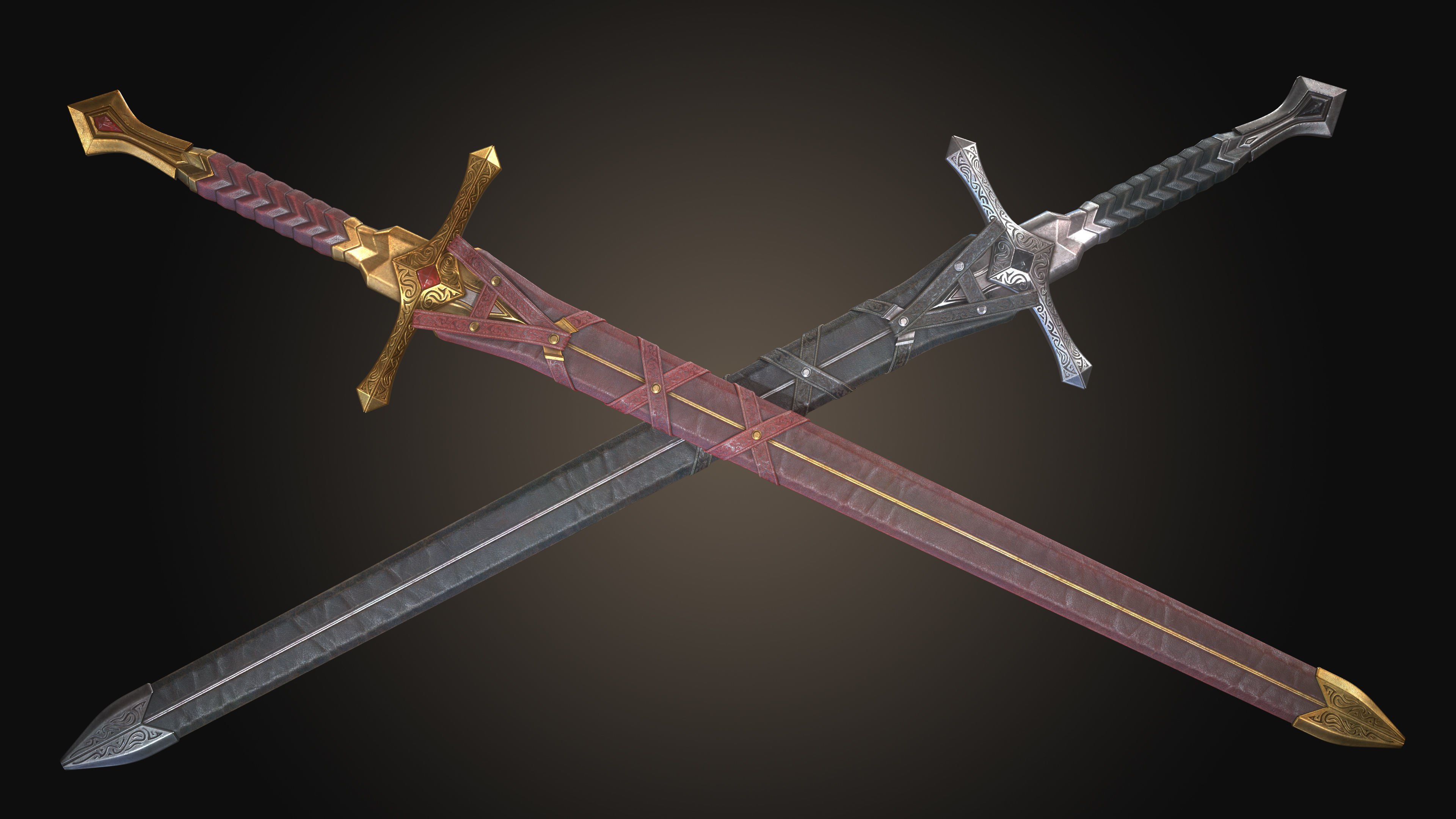 Royal Golden-Silver Sword PBR Game-Ready Low-poly 3D model_23
