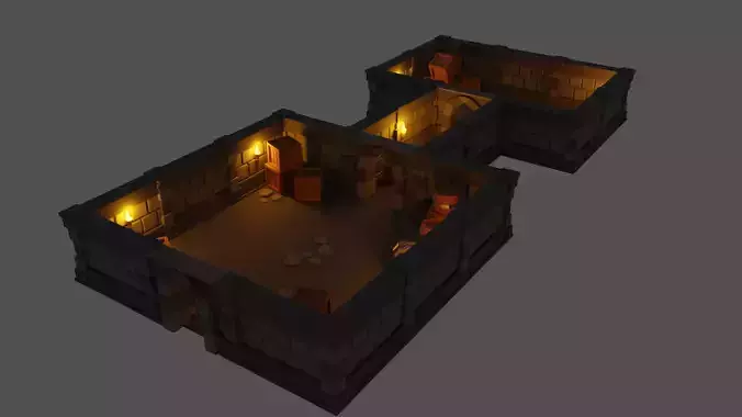 Low Poly Dungeon Barrels Boxes and Torches