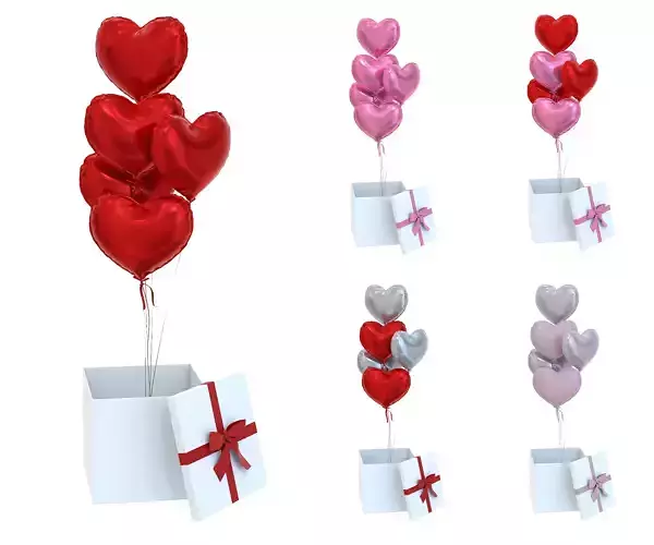 Heart Valentine Balloons and Gift Box Low-poly 3D model