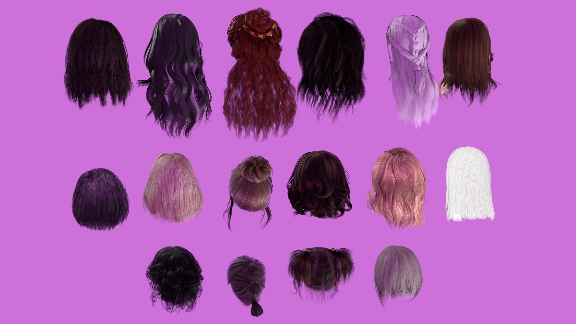 Low Poly Female Hair Pack Low-poly 3D model_1