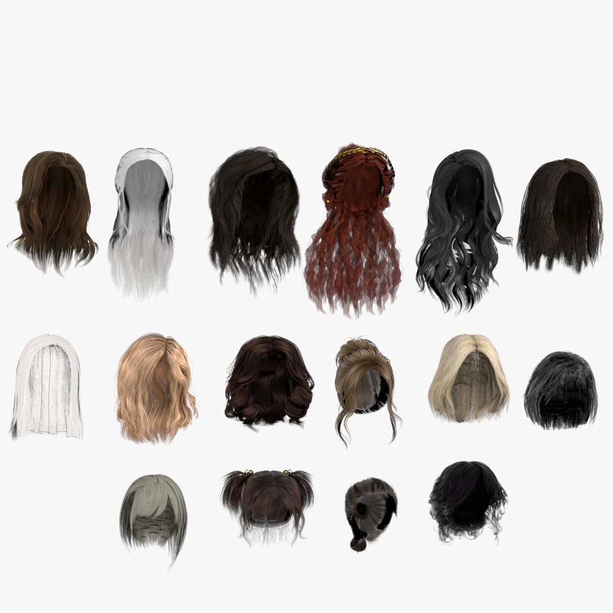 Low Poly Female Hair Pack Low-poly 3D model_6