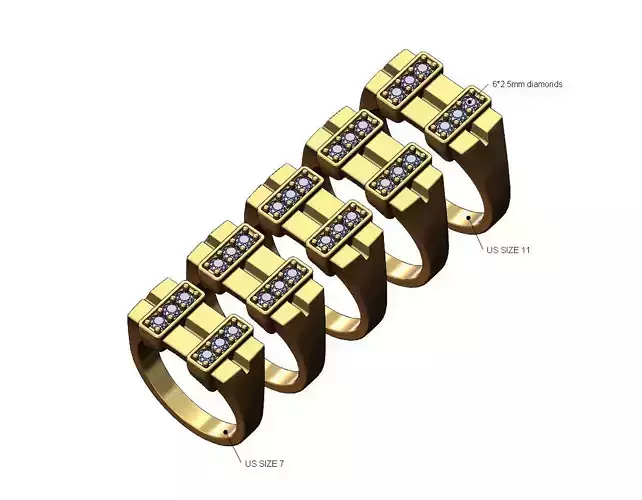 Double diamond line split rectangular signet ring US sizes 7to11