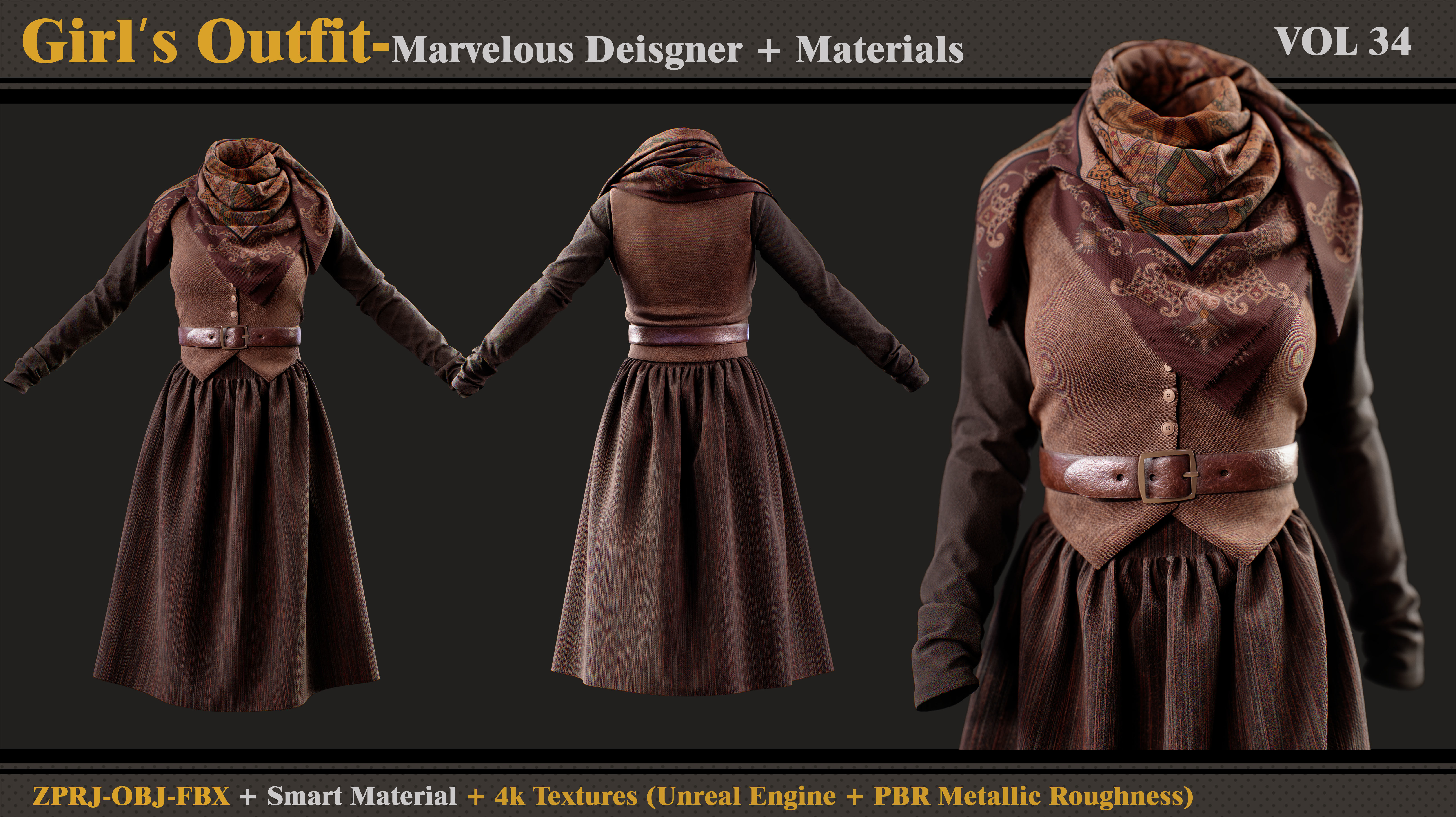 Girls Outfit- MD-Clo3d - Smart Material -Textures - OBJ - FBX 3D model_1
