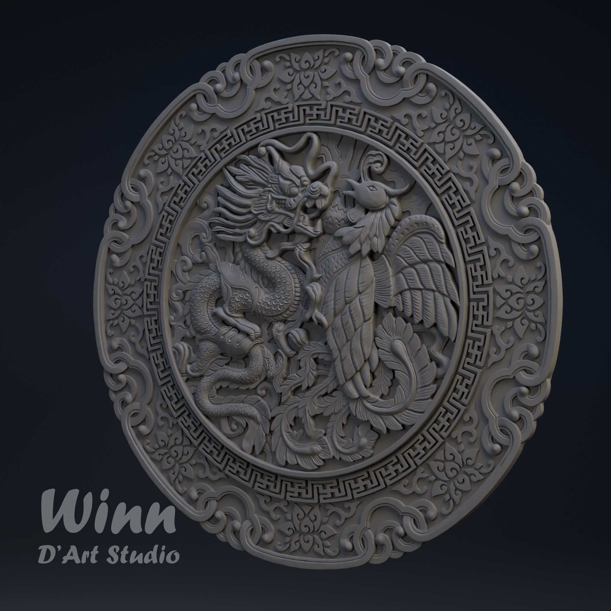 Dragon and Phoenix Bas Relief 3D print model_5