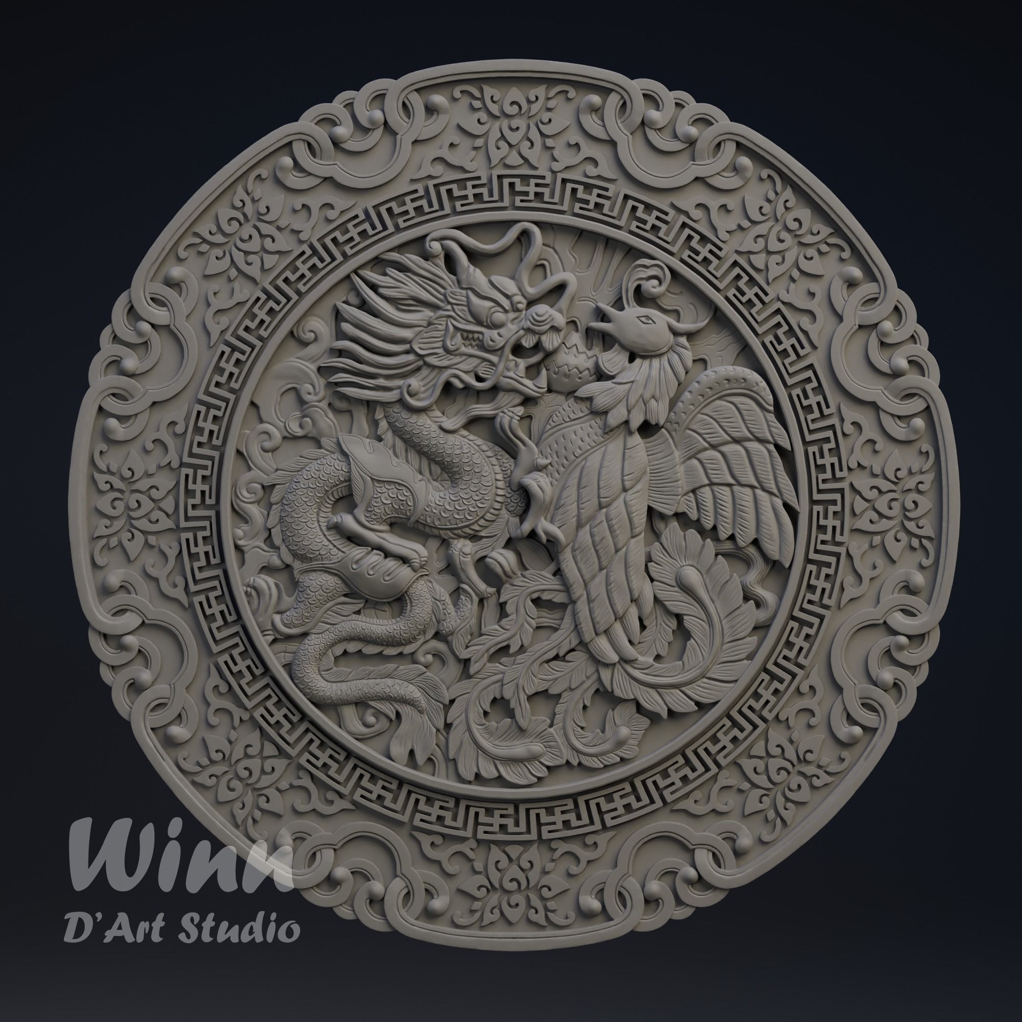 Dragon and Phoenix Bas Relief 3D print model_4