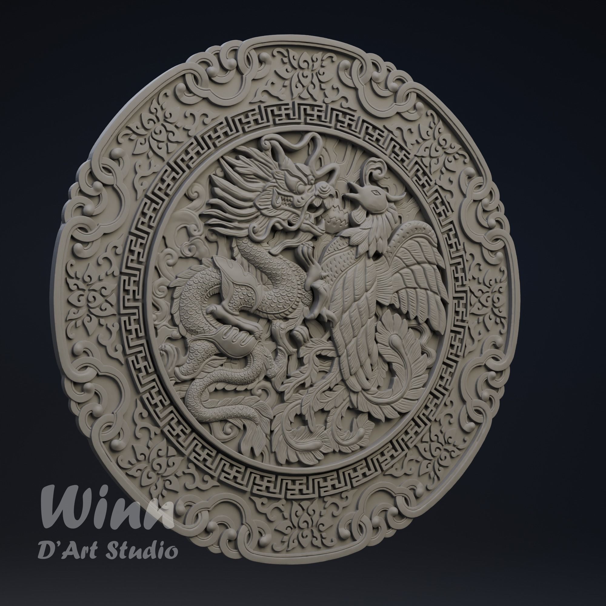 Dragon and Phoenix Bas Relief 3D print model_6
