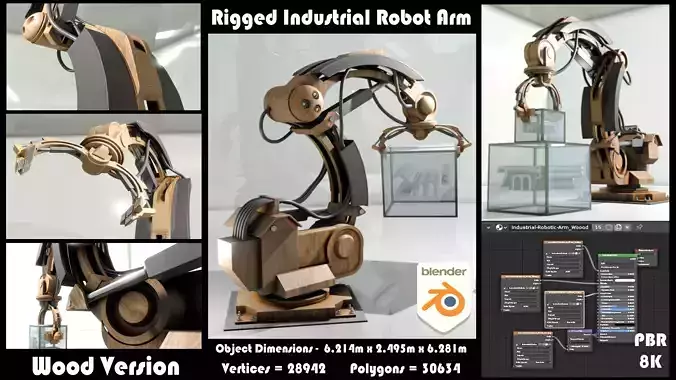 Rigged Industrial Robot Arm Wood Version Low-poly 3D model