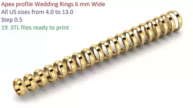 Apex profile Wedding Ring 6 mm Wide US Sizes