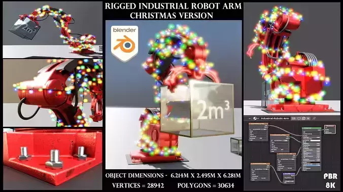 Rigged Industrial Robotic Arm Christmas Version Low-poly 3D model