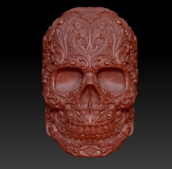 Skull ring baroque patterns 3D print model_9