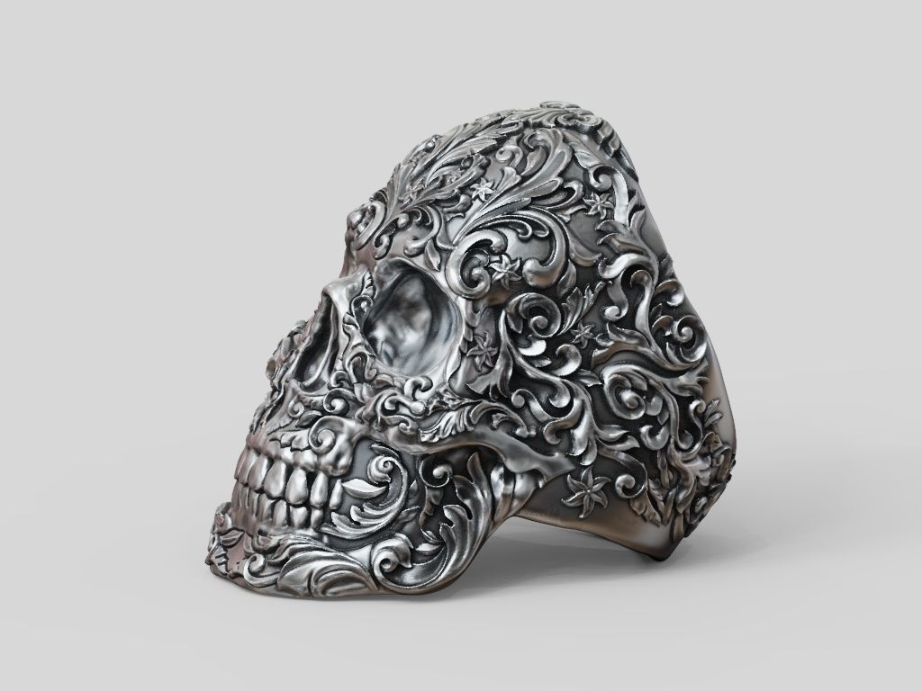 Skull ring baroque patterns 3D print model_5