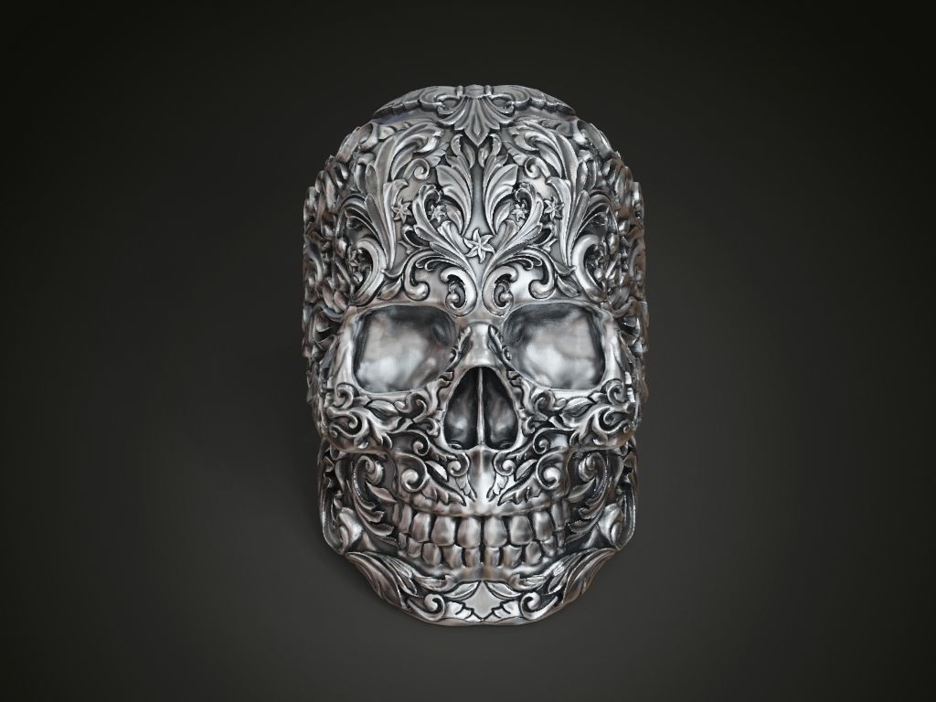 Skull ring baroque patterns 3D print model_1
