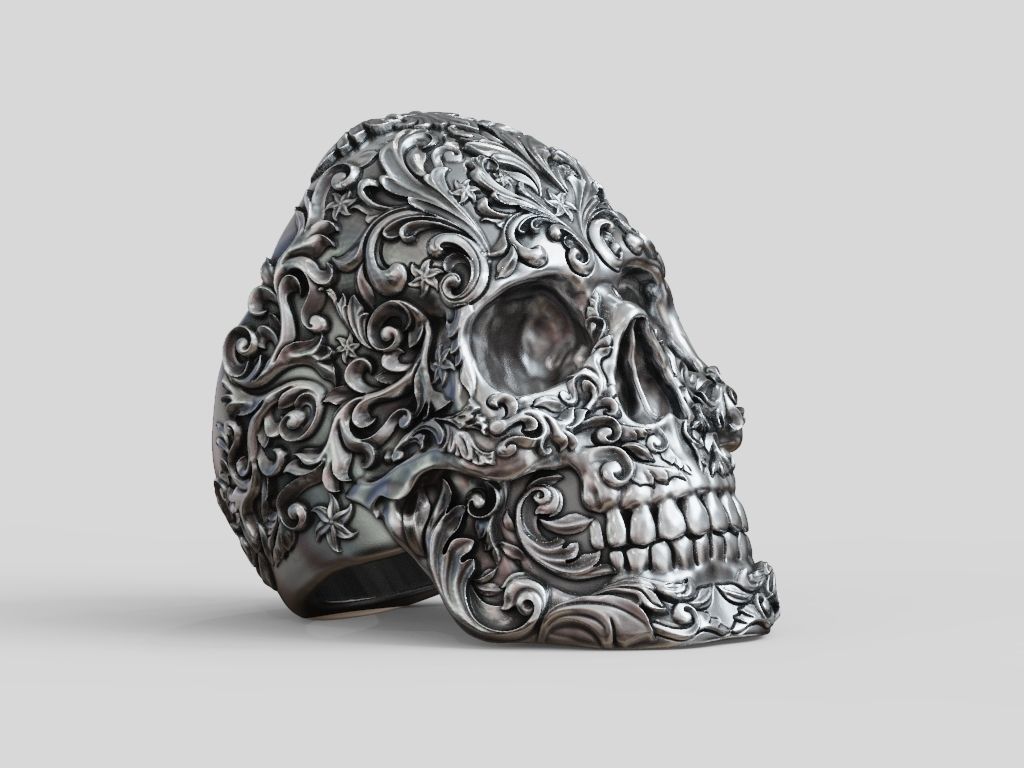 Skull ring baroque patterns 3D print model_3