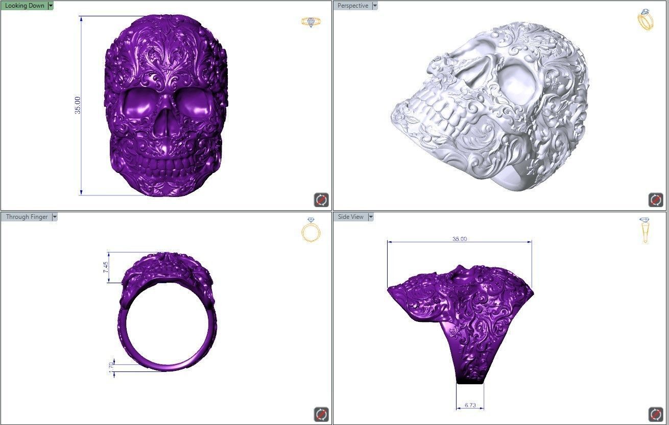 Skull ring baroque patterns 3D print model_11