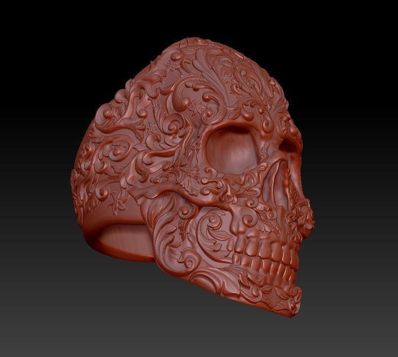 Skull ring baroque patterns 3D print model_8