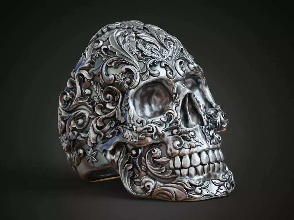 Skull ring baroque patterns 3D print model_0