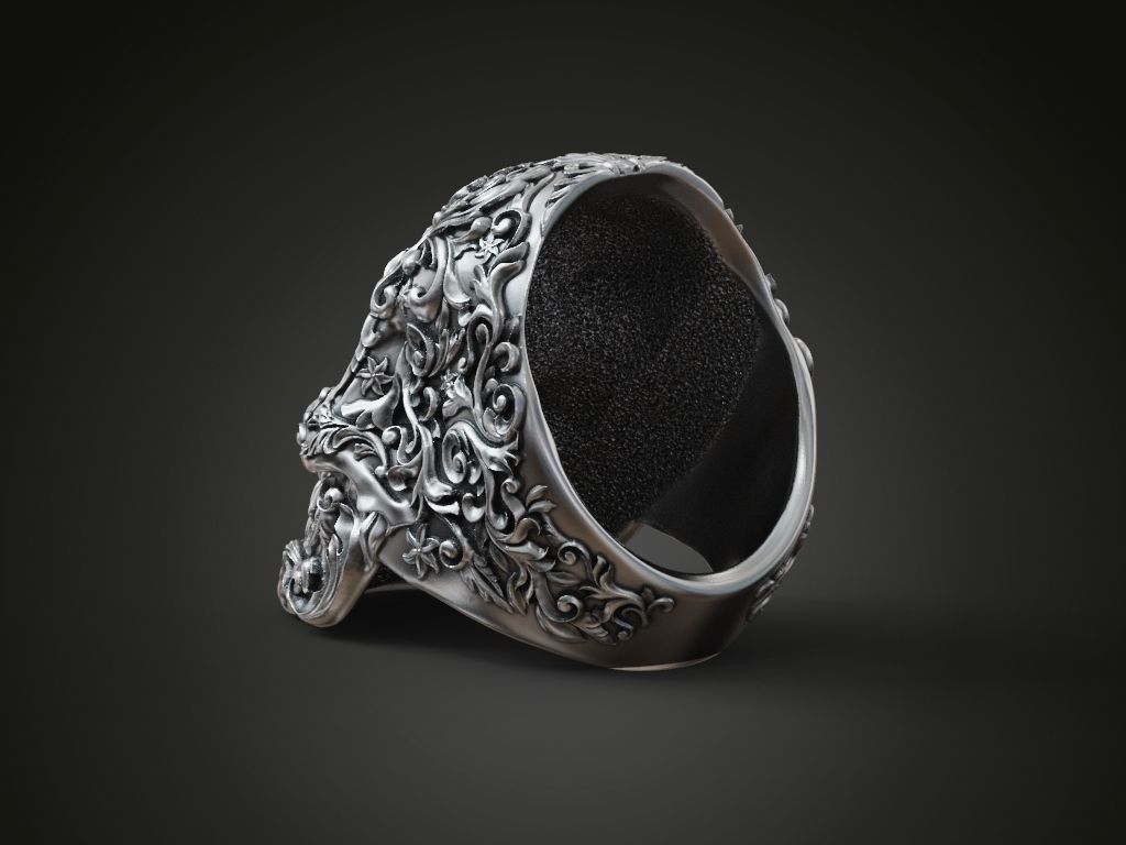Skull ring baroque patterns 3D print model_4