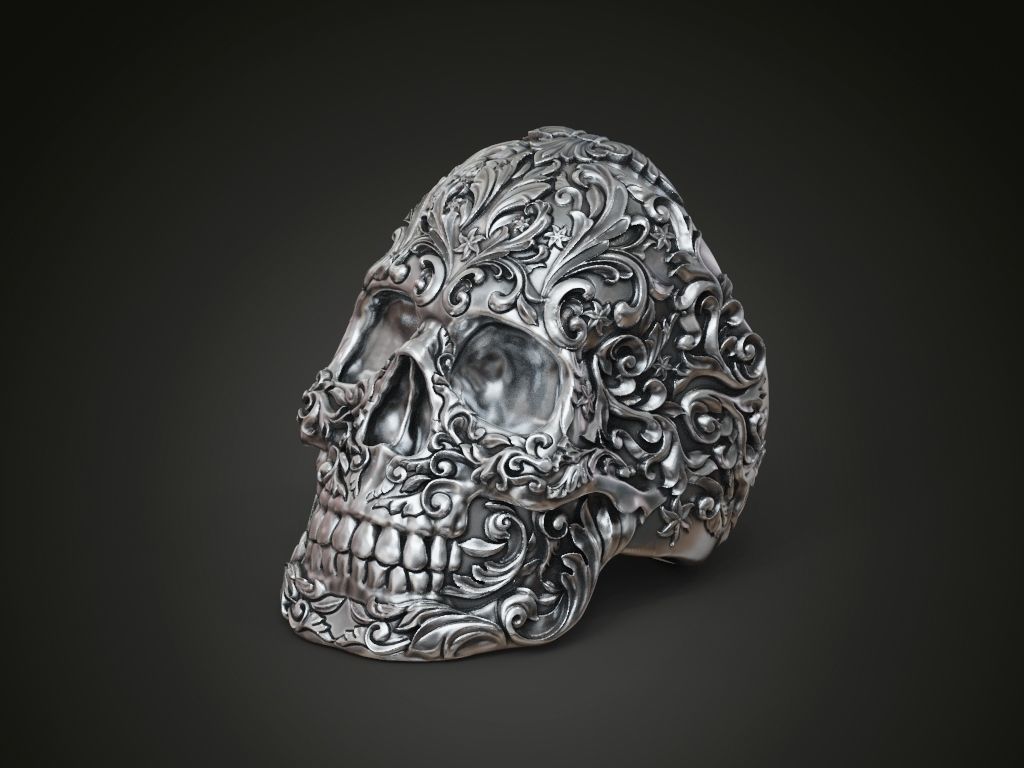 Skull ring baroque patterns 3D print model_2