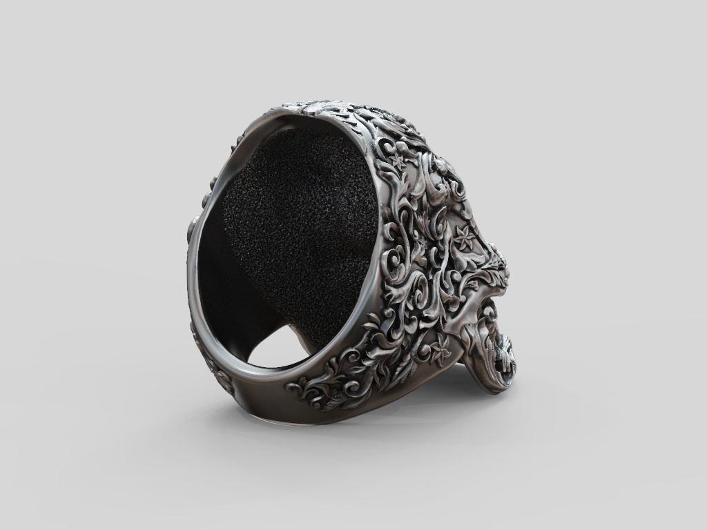 Skull ring baroque patterns 3D print model_6